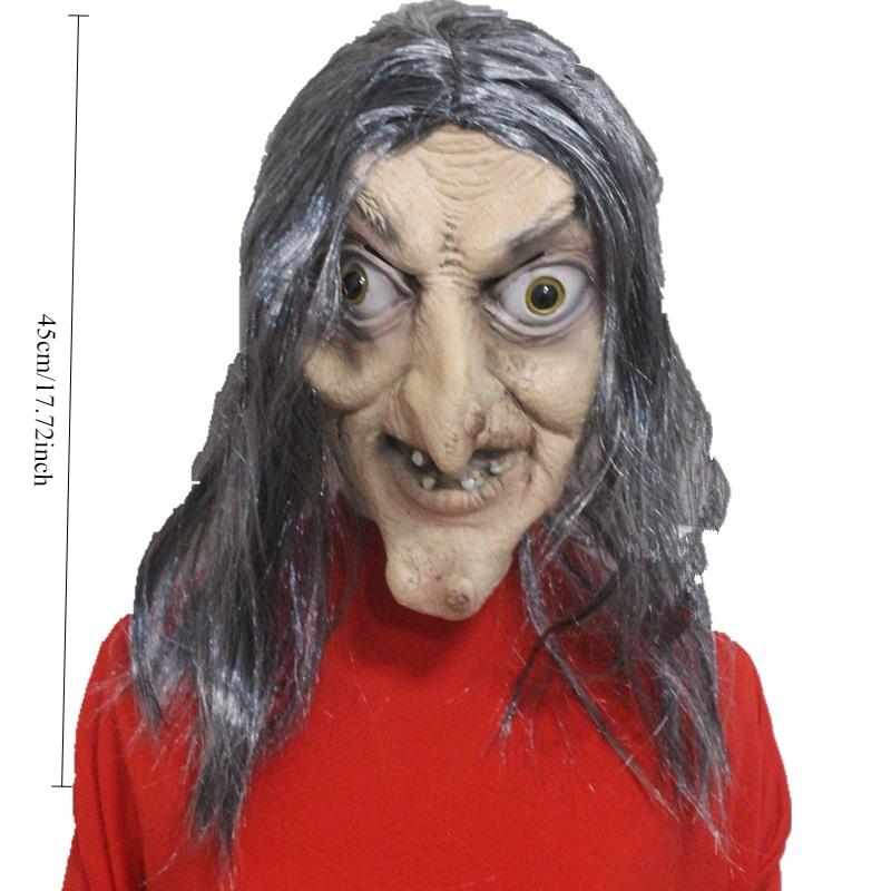 Gray-Haired Witch Mask, Escape Room & Script Kill Costume Horror Wig, Full Head Cover Ghost Face Latex Prop Halloween Decoration