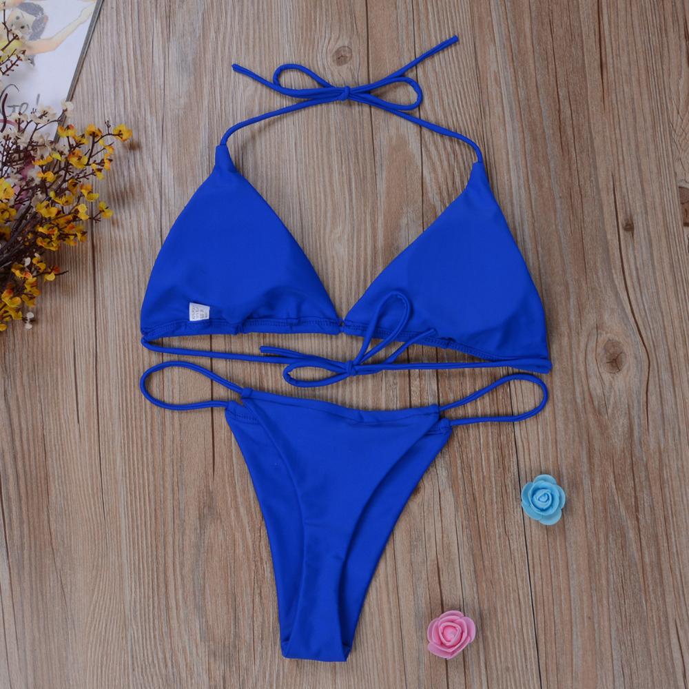 New Women Sexy Hanging Neck Thong Bikini Set Side Tie Swimsuit Bandage Style Split Strap Solid Adjustable Ladies Swimsuit Set