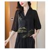 Women's Green Embroidered Chinese Style Blouse V-Neck Chiffon Sleeve Asymmetrical Hem Top