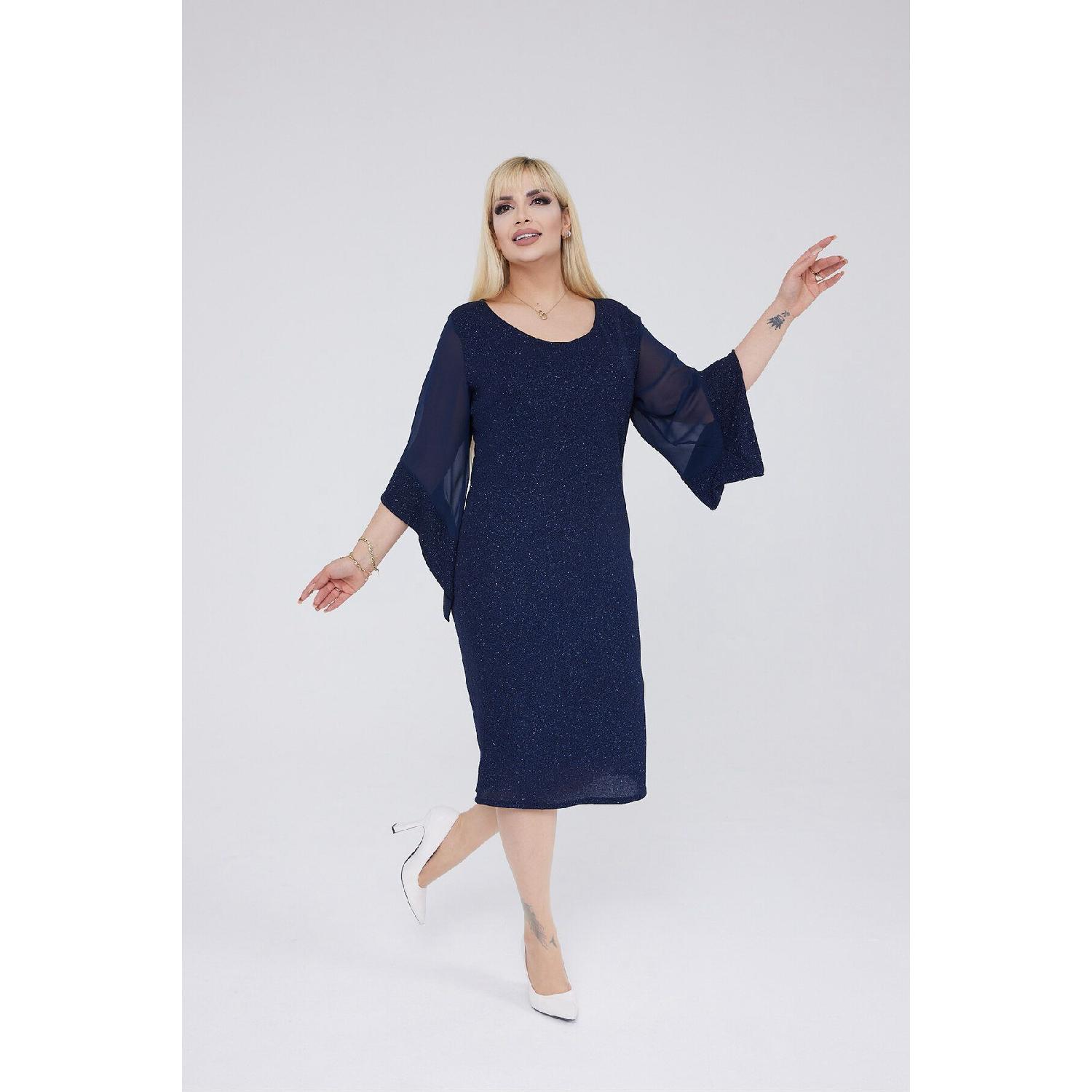 

Plus Size Short Lurex Fabric Long Chiffon Sleeve Evening Dress 44 тёмно-синий