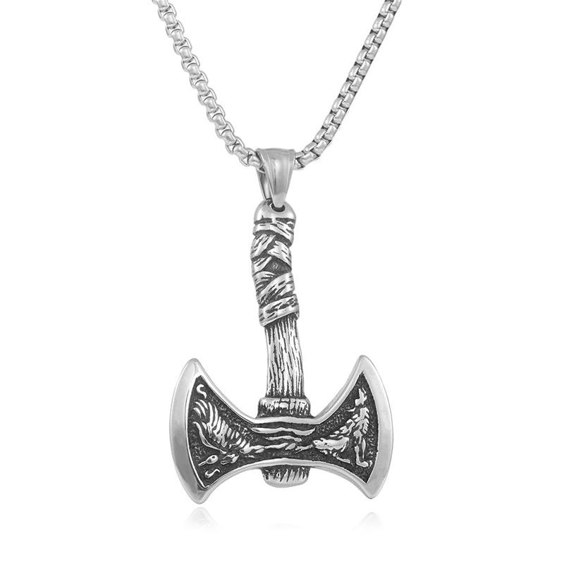 Boutique Stainless Steel Viking Wolf and Odin Crow Axe Pendant Necklace Vintage Men's Nordic Popular Jewelry for Birthday Gifts