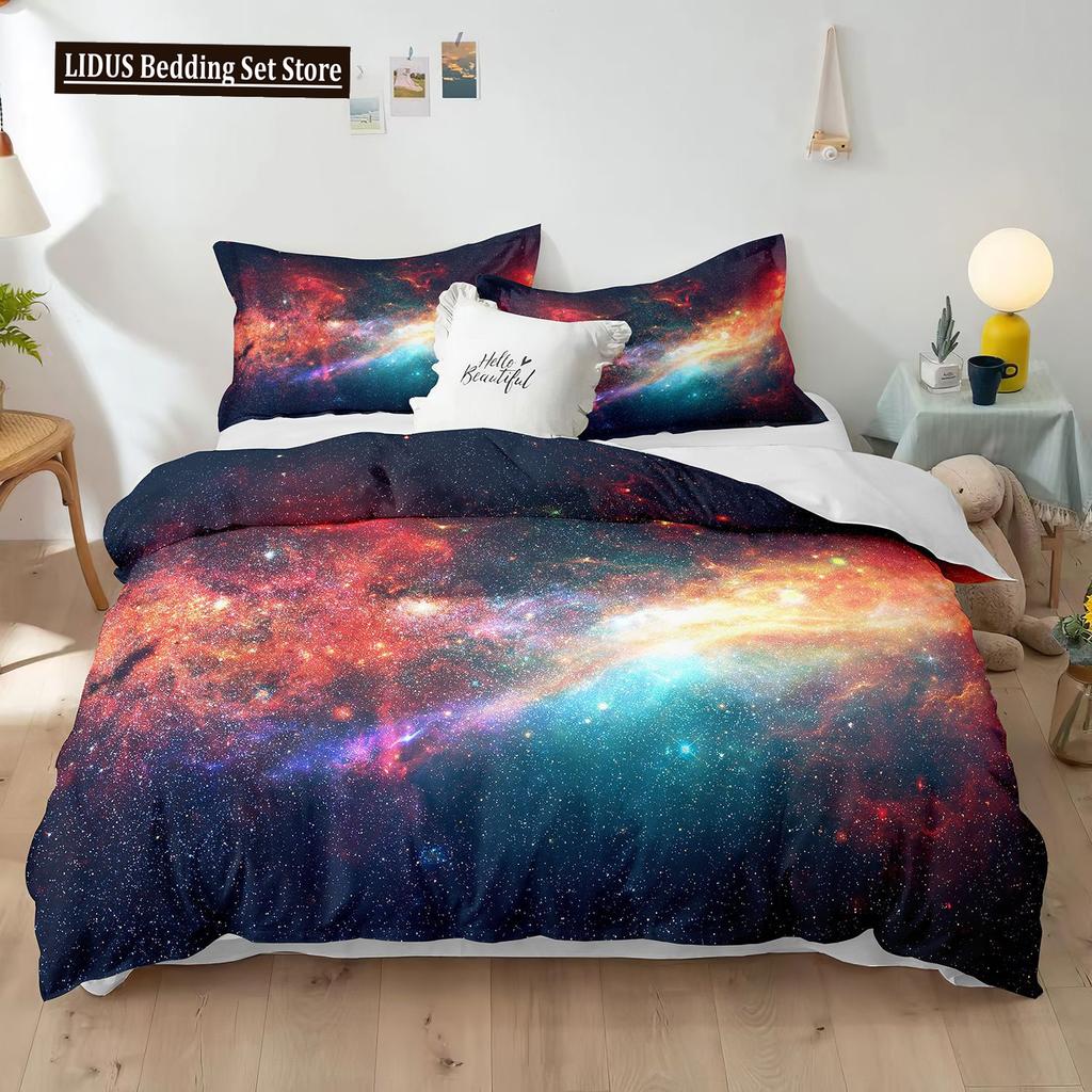 Starry Sky Polyester Duvet Cover Set King Size White Star Colourful Galaxy Starry Space Nebula Abstract Cosmos For Boy Girl Kids