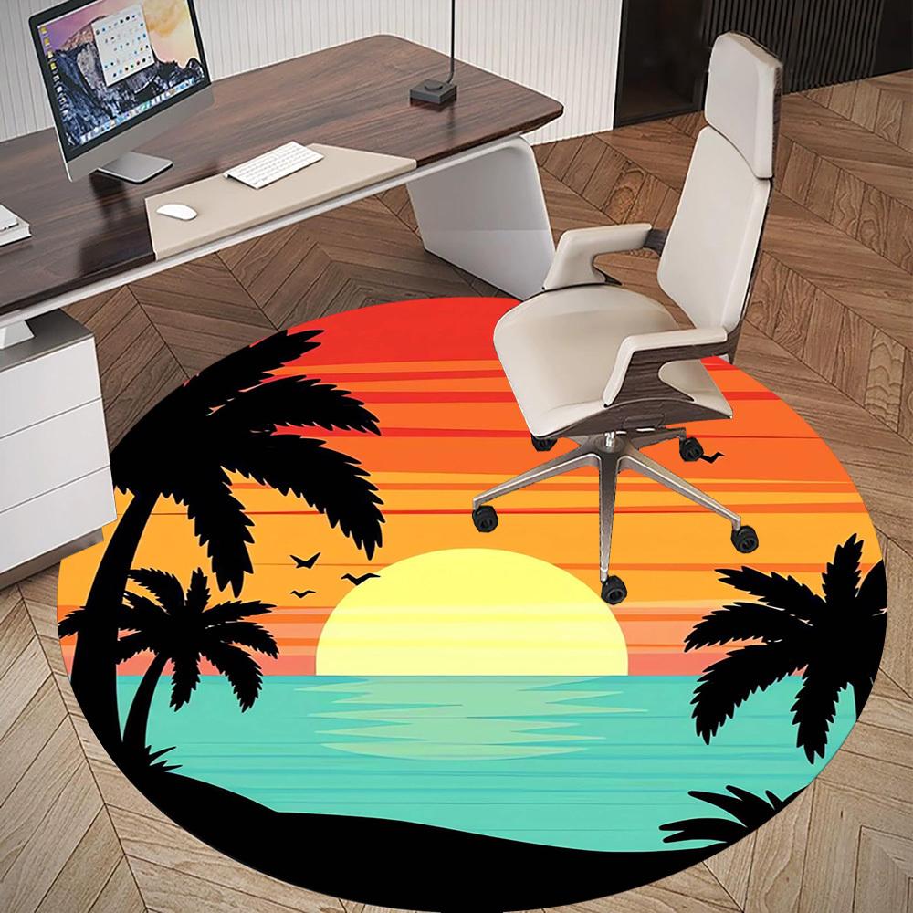 1pc Sunset Palm Trees Round Chair Mat Area Rug - Non-Slip, Floor Mat for Office, Bedroom, Home Decor Christmas Gift P0811203