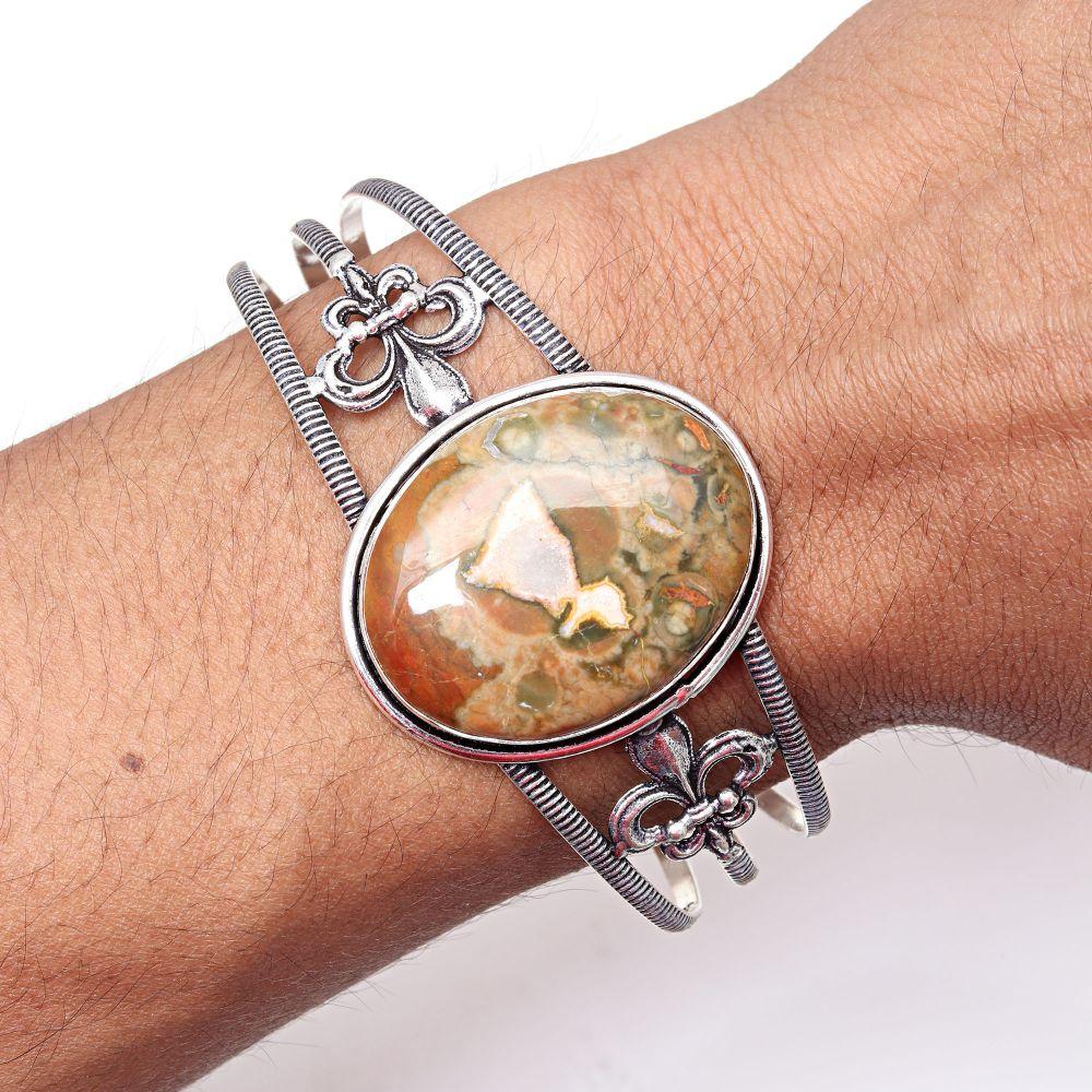 Rainforest Jasper Gemstone Handmade Silver Jewelry Cuff Bracelets 7''Adjustable