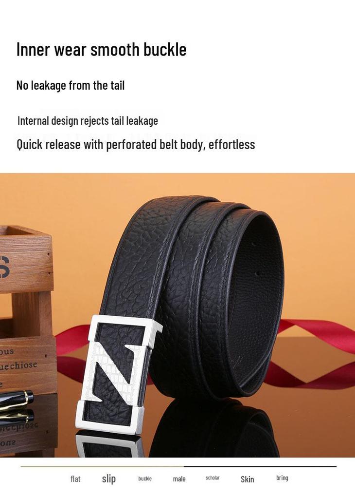 Men's Z Letter Business Casual Buffalo Leather Belt with Stainless Steel Buckle