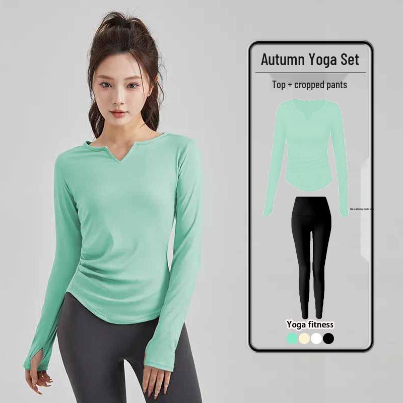 Slimming Yoga Suit Set: Women's V-Neck Quick-Dry Sports Top & Tight Training Pants