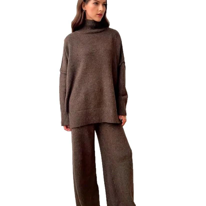 Women High Neck Knit Top and Wide Leg Pants Set Casual Loose Fit Two Piece Outfit