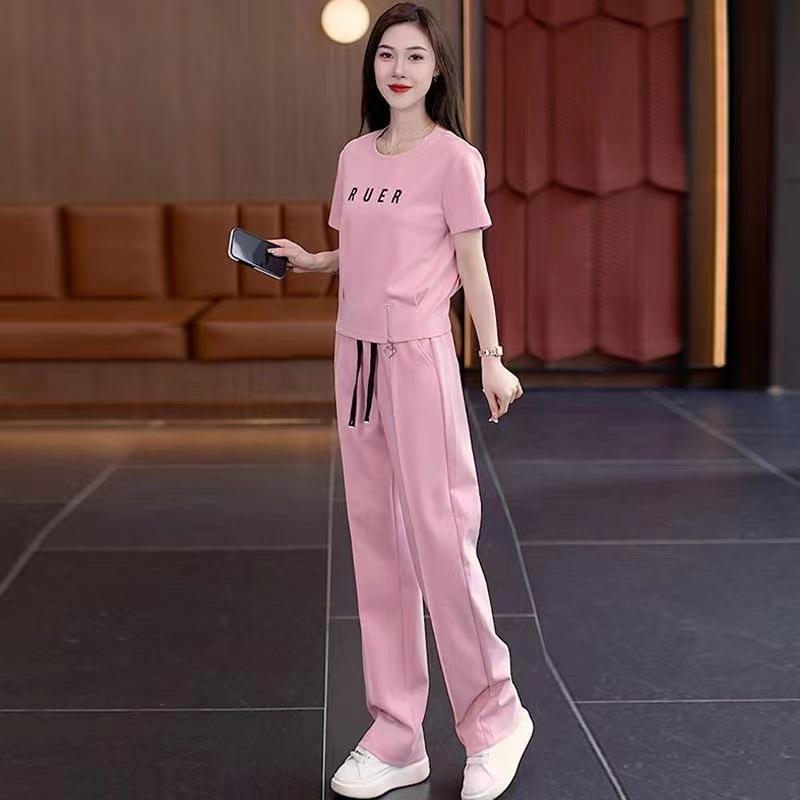 Summer Casual Sports Set Women's Short Sleeve Waist-Cinching Slimming Top Wide Leg Pants Two-Piece Trendy Outfit