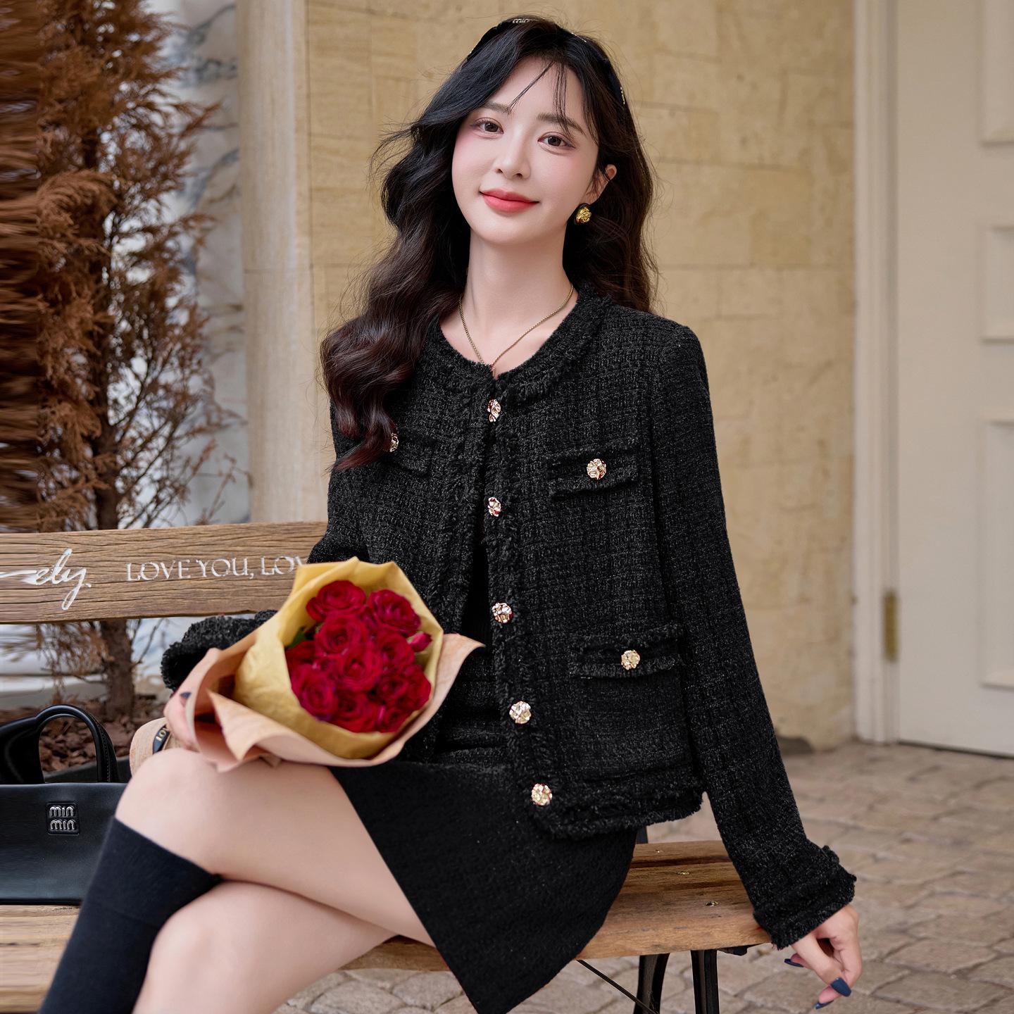 

Autumn/Winter 2026 French Tweed Fringe Two-Piece Set with 35% Wool Medium чёрный