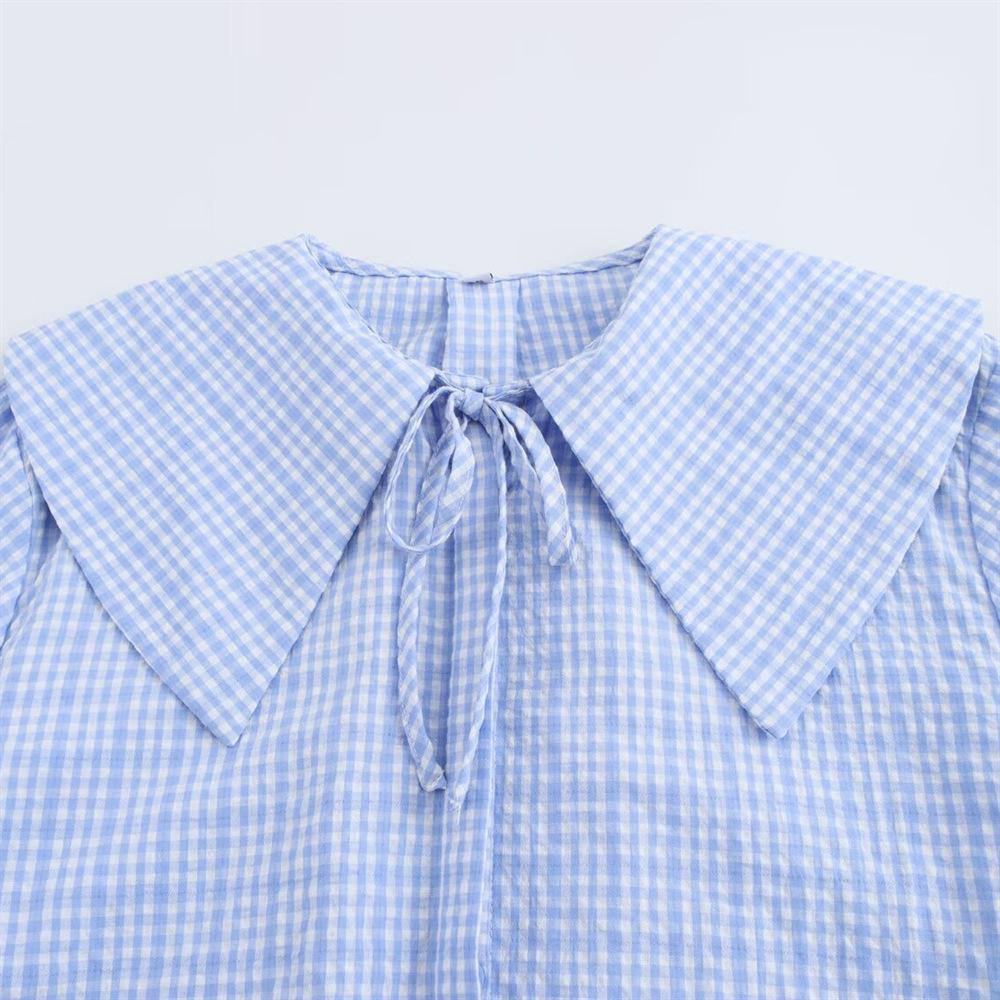 Spring 2025 Women's Sweet Plaid Tie-Collared Short Shirt