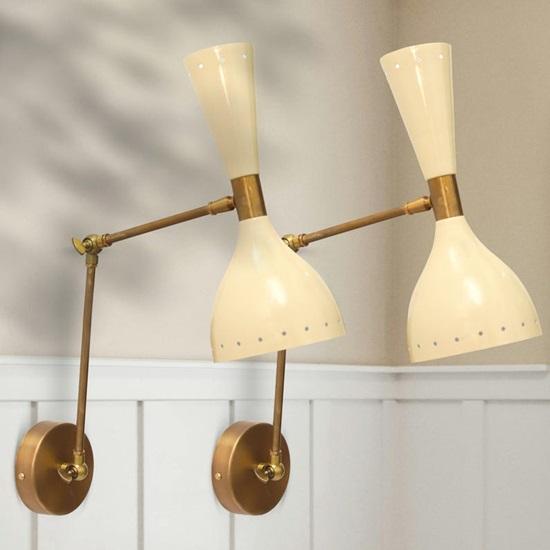 Mid-Century Modern Brass Wall Sconce  Adjustable Dual Cone Shade