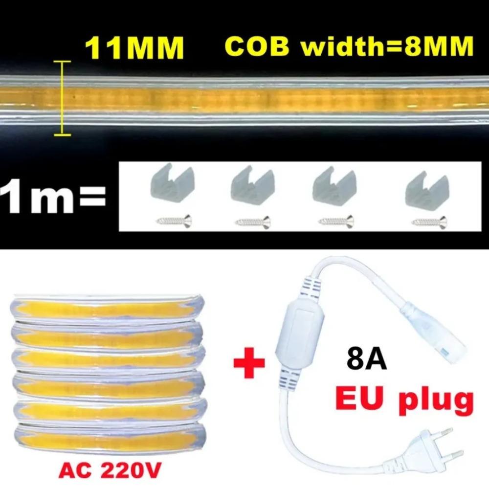 220V COB LED Strip Light EU Power Plug IP67 Buckle Fixation LED Strip Lamp Flexible COB Linear Light Bar 3000K 4000K 6000K 1-21m