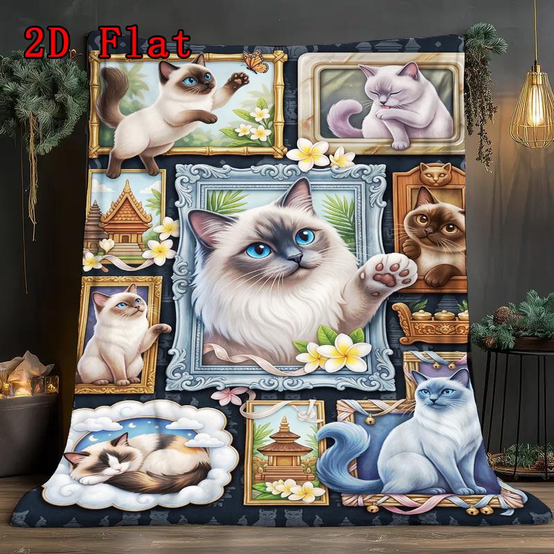 Cat Portraits 2D Flat Pattern Flannel Blanket, High quality All Seasons, Home Decor, Warmth and Comfort, Perfect for Christmas Gifts.