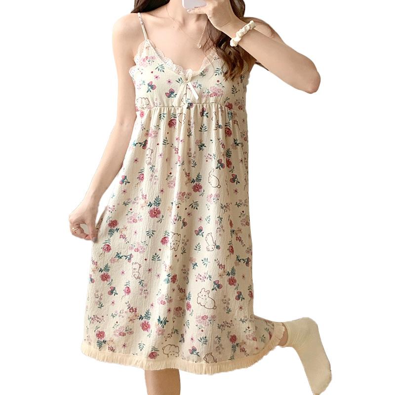 Spring and summer nightgown women's sweet bubble wrinkled cartoon suspender pajamas summer loose women's loungewear