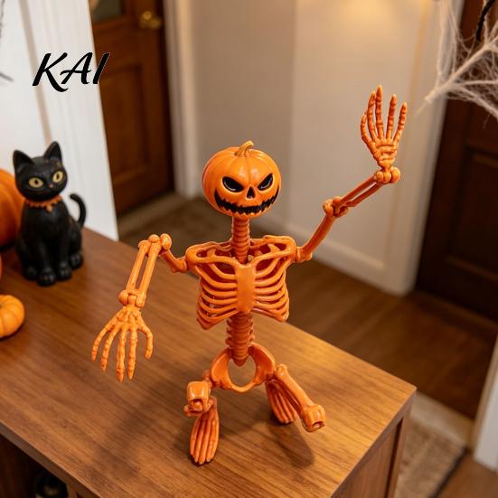 Hard Plastic Skeleton 40cm Pumpkin Head for Halloween Decoration, Movable Joint Flexible Jointed Figure Skull Figurine with Hanging Lanyard,