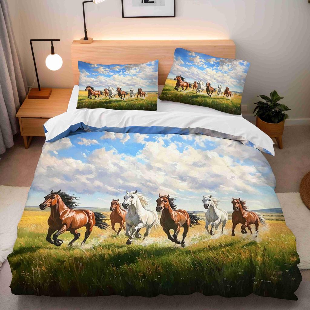 Horse And Green Grass Duvet Cover Set For Kids Boys Girls Teens Lightweight Quilt Covers Spring Themed Bedding Set Bedroom Decor