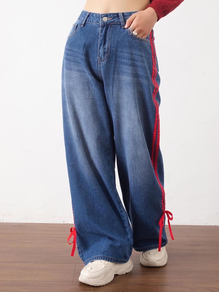 Womejeans Women's High Waist Patchwork Stripe Jeans - American Design, Spring/Summer, Loose & Slimming Fit