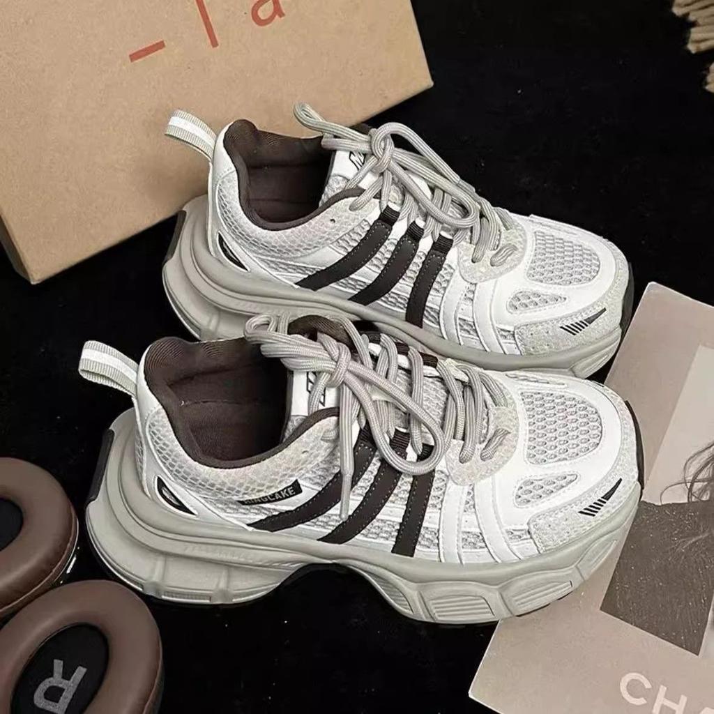 Popular 2025 Spring Thick-soled Heightening Dad Shoes Women's Single Color Matching Lace-up Versatile Sports and Leisure Shoes Tide