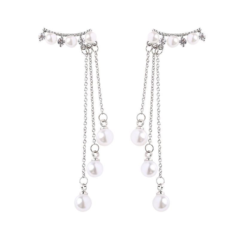 Zircon Earrings Long Pearl Chain Tassel Dangle Earrings Fashion Elegant Women Weeding Party Jewelry Gift Accessories