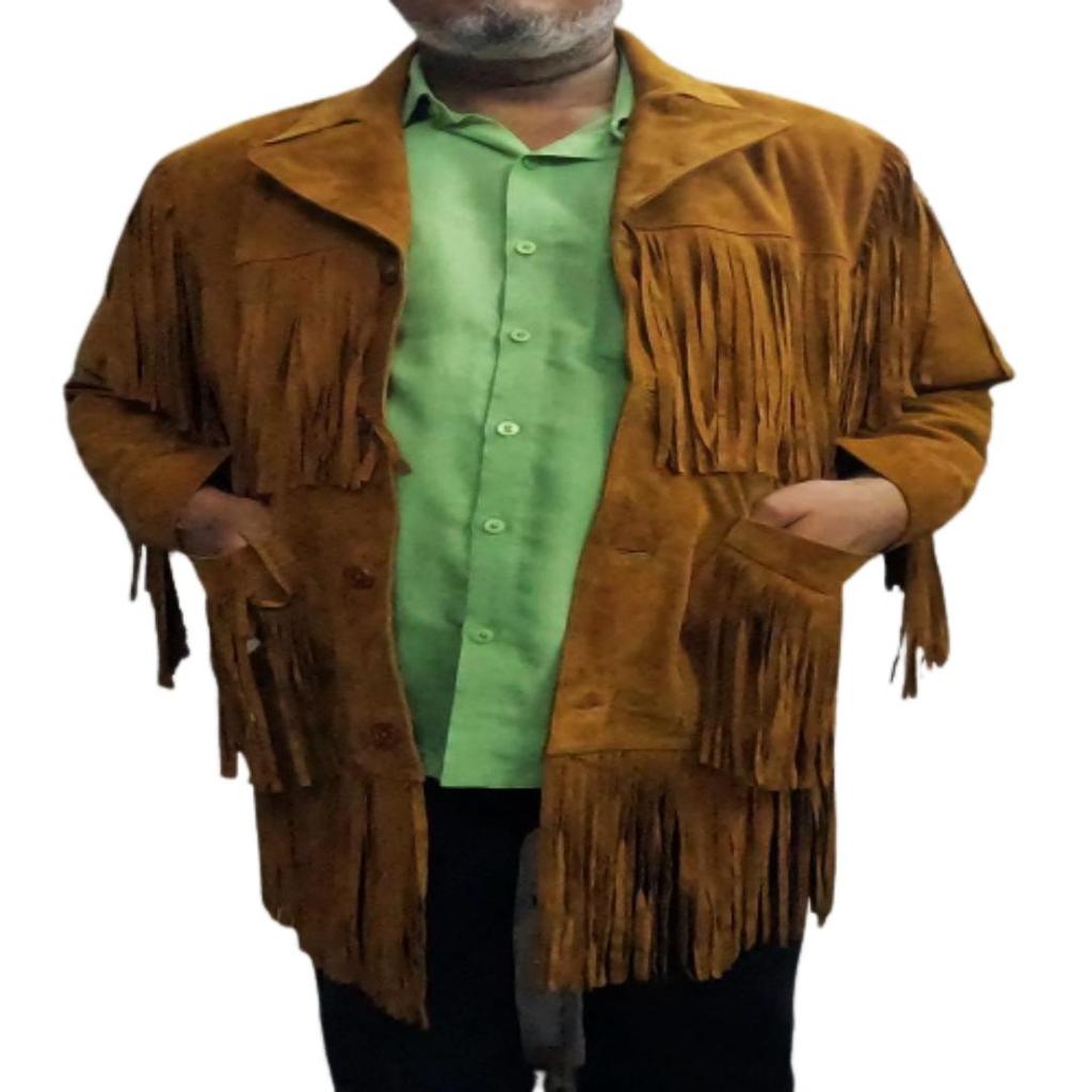 NOORA Men's Genuine Lambskin Tan Suede Fringe Leather Jacket, Motorcycle Jacket