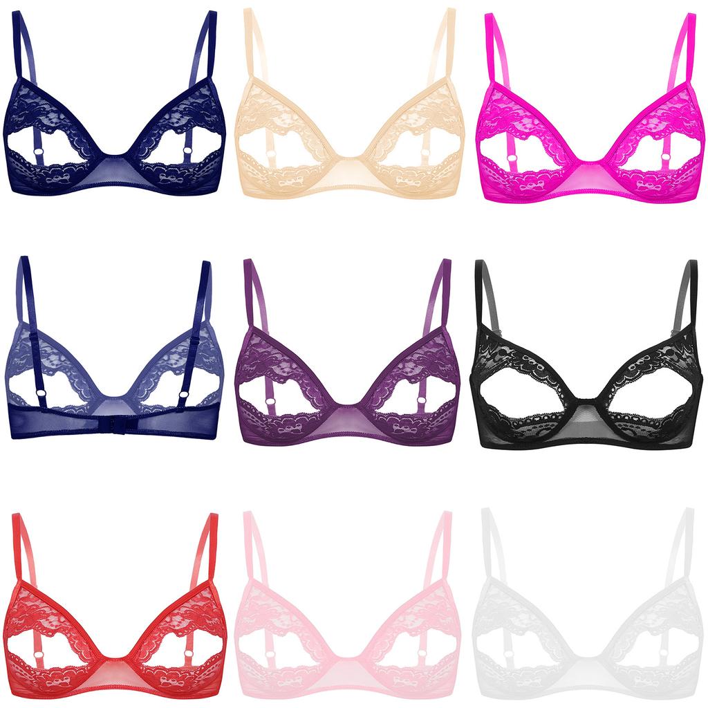 ALVIVI Women's Sheer Mesh Floral Lace Nipple Split Wire-Free Wireless Bikini Bra Triangle Bralette White 4xl