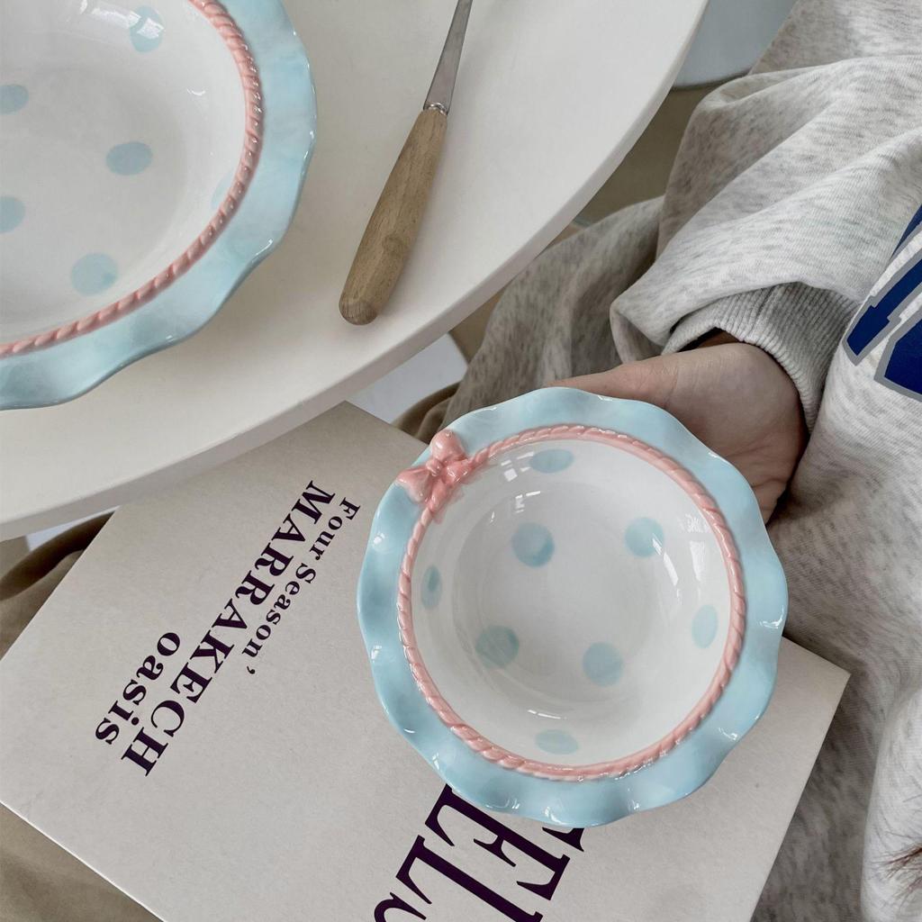 Korean Cute Bow Lace Ceramic Plate & Rice Bowl Set for Desserts and Cakes