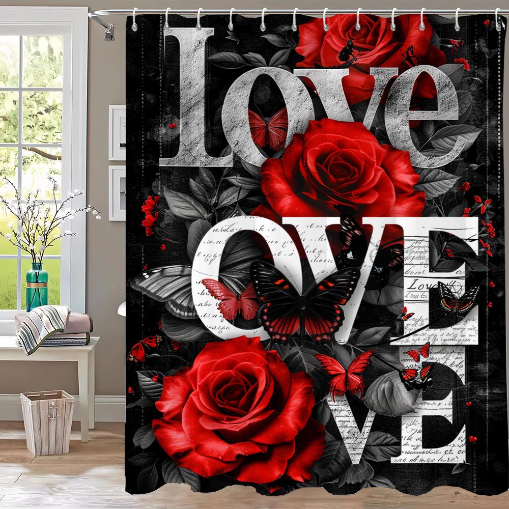 

Love Flowers Rose Shower Curtain, Bathroom Decorative Shower Curtain, Printed Valentine S Day Home Curtain With Hooks W60H190(CM)-1 Pcs