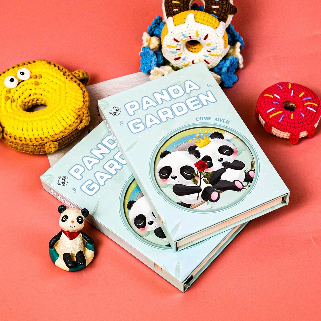 Cute Hand-Painted Panda Series Sky Blue Base Color Hard Shell Three Fold Magnetic Buckle Notebook Fun Cartoon Handbook