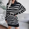 Casual Warm Sweater Dress Femme 2024 New Fashion Autumn and Winter Women's High Neck Black and White Striped Knitted Sweater