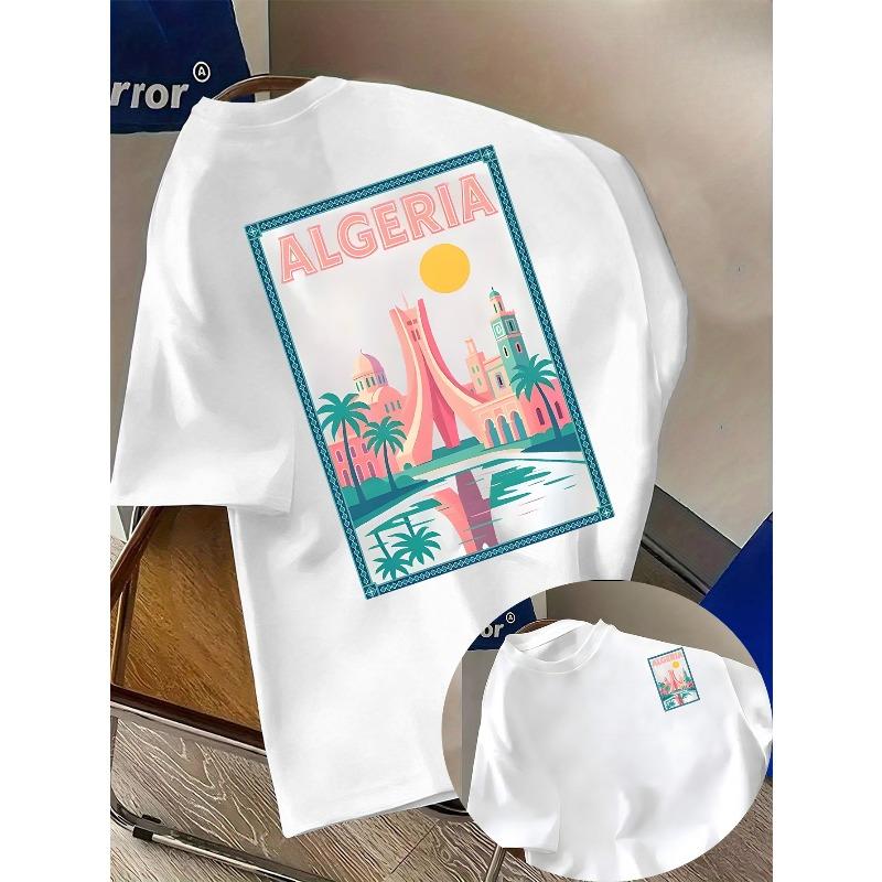The Men'S T-Shirt , with a Large 'ALGERIA' Cityscape Poster On The Back, Street Style,Summer Casual Wear| Loose Fit