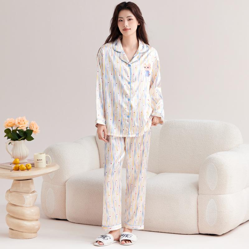 Rainbow Striped Pajamas Women'S Ins Wind Sweet Little Squirrel Ice Silk Thin High-End Loungewear Autumn Suit
