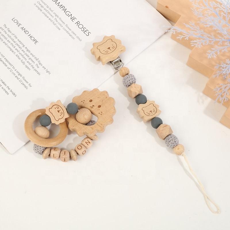 Factory Price Baby Gift Set Toy Lovely Lion Shape Pacifier Clip Chain Holder Colorful Cotton Wood Teether Toys Baby