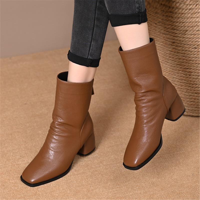 Soft leather women's boots winter new thick-heeled short boots medium boots high-heeled boots are thin and not tired Martin boots