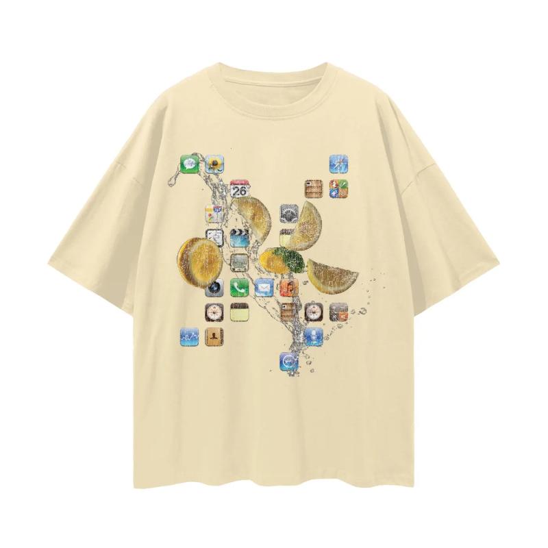 Classic Icon Tshirt Oversized Y2K Fruit Splash Aesthetic Tshirt Pure Cotton Men and Women Loose Fit Retro Technology Style