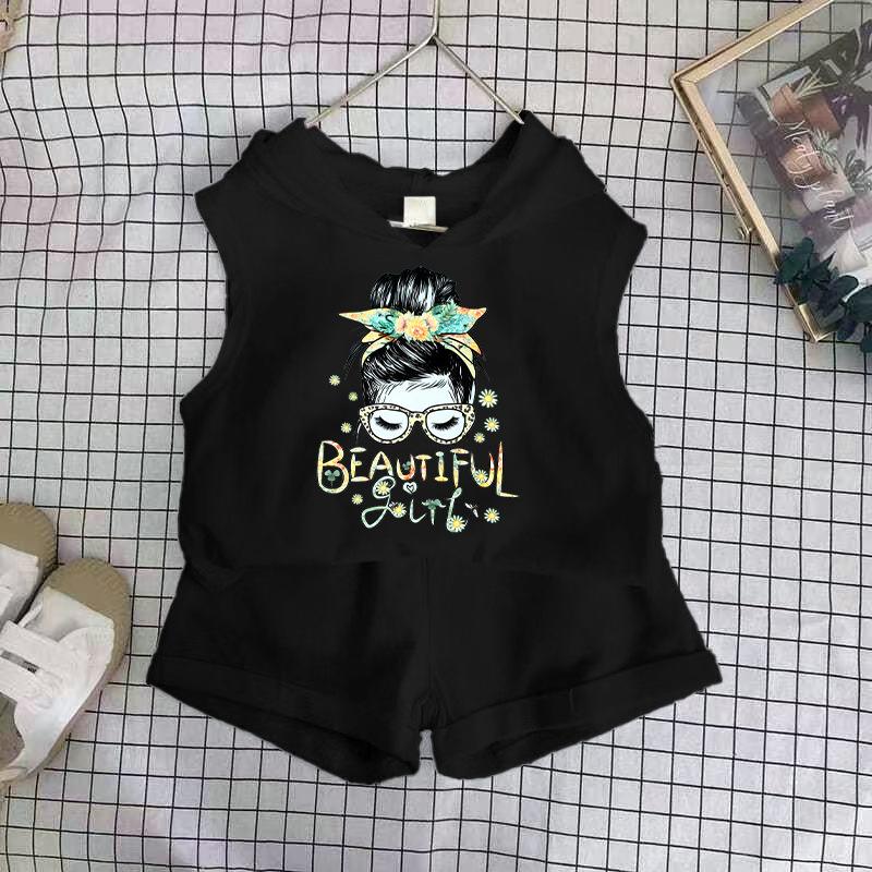 Girls Cotton Cartoon Print Tank Top And Shorts Set Fashionable Summer Two Piece Outfit For Kids