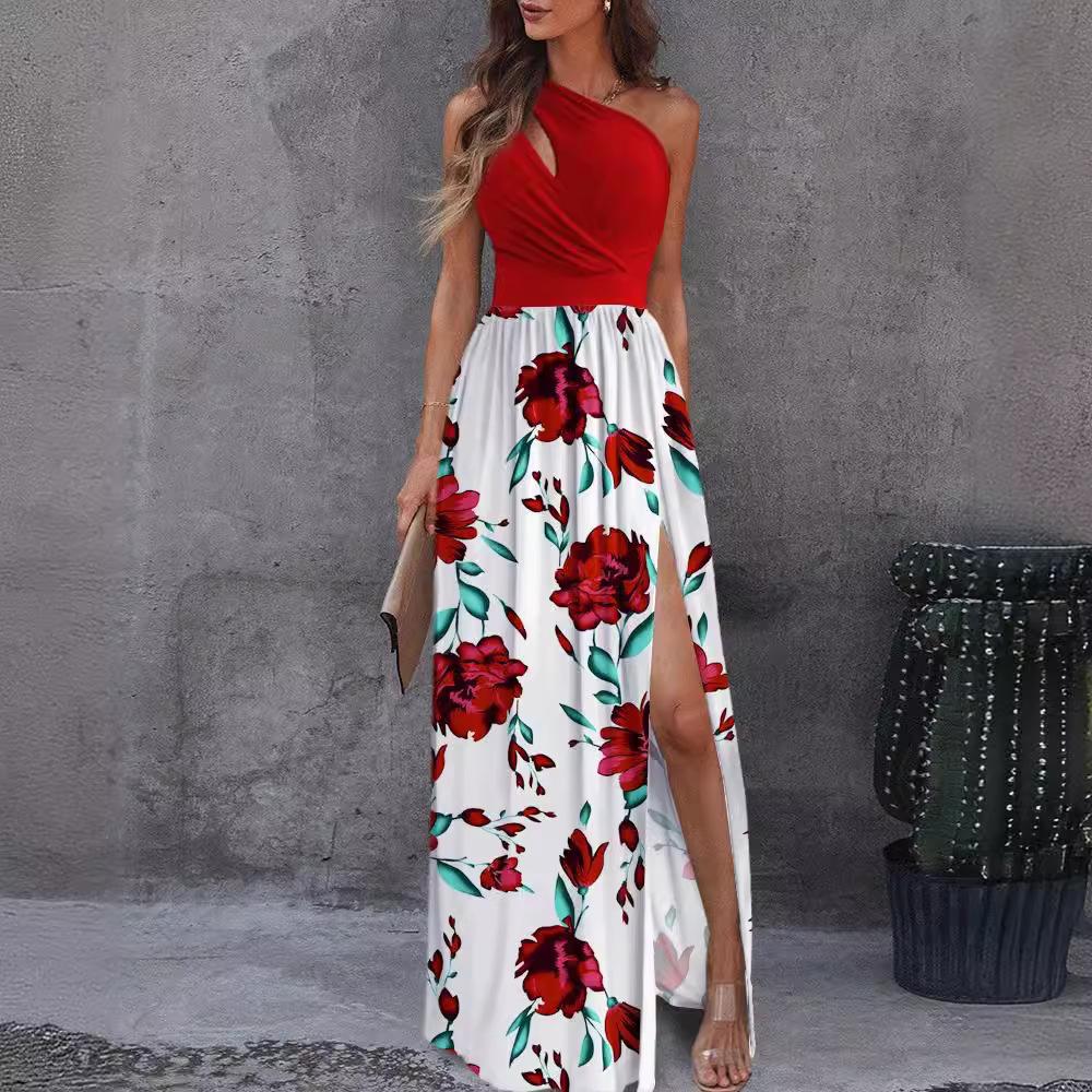 European and American Women's Clothing Slanted Shoulder Hollow Temperament High Split Dress Long Skirt