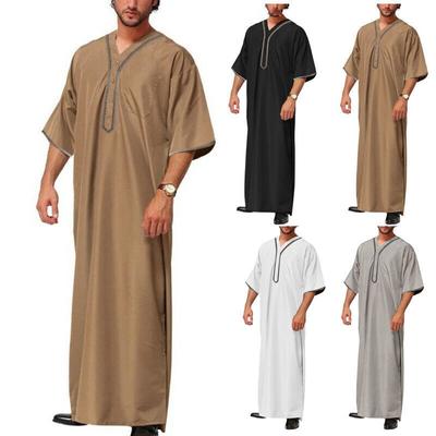 Erkekler Müslüman İslam Kaftan Arap Vintage Orta Kollu Thobe Robe Gevşek Dubai Suudi uzun üst