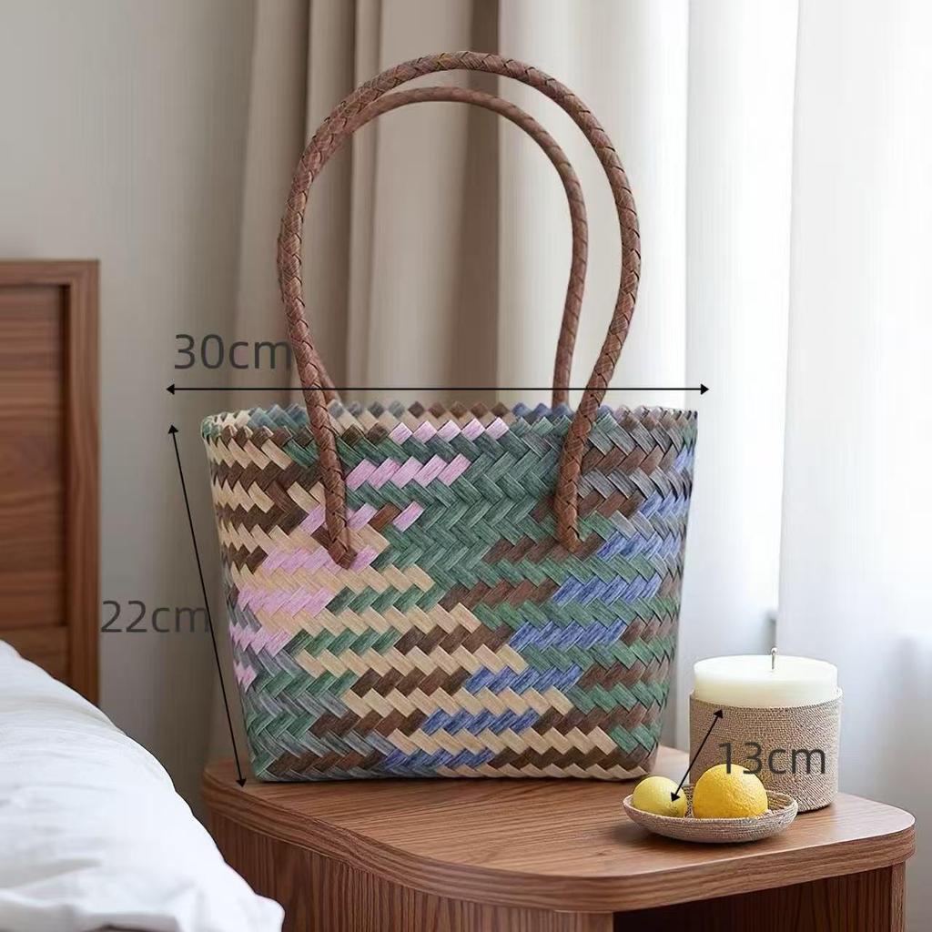 Borsa intrecciata a mano in rattan imitazione con manici in bambù - Cesto per la spesa, Souvenir, Borsa di paglia, o Tote per pendolari