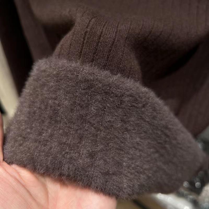 Pulover de bază cu gât semi-înalt pentru toamnă și iarnă pentru femei, cu dantelă de catifea adăugată, îngroșat, dintr-o singură piesă, pulover tricotat din catifea pentru căldură și croială lejeră