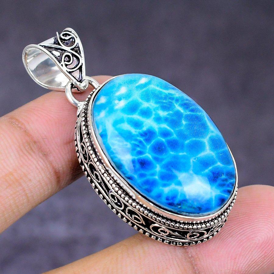 Natural Larimar Gemstone Handmade 925 Sterling Silver Jewelry Pendant 1.77" ETC-14530