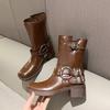 Women's Mid-Calf Boots High Quality Casual Leather Boot Retro Brown Black Western Cowboy Boots British Style Knight Boots Botas