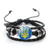 Ukrainian Flag Glass Charm Bracelet Blue Yellow Trident Graphic Vintage Handmade Woven Leather Beaded Bracelet