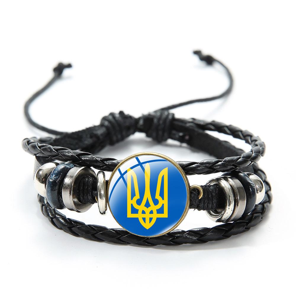 Ukrainian Flag Glass Charm Bracelet Blue Yellow Trident Graphic Vintage Handmade Woven Leather Beaded Bracelet