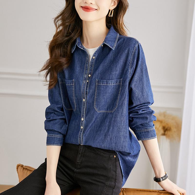 Retro High-end Pure Cotton Denim Shirt for Women's Autumn Clothes New Layered Long-sleeved Loose Slim Top