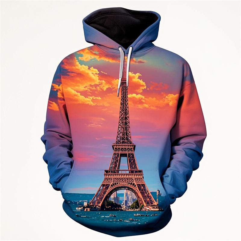 Famous Eiffel Tour Pattern Hoodies For Men Sunset Glow 3D Printed Sweatshirts Casual Pullover Long Sleeve Hooded Loose Tracksuit