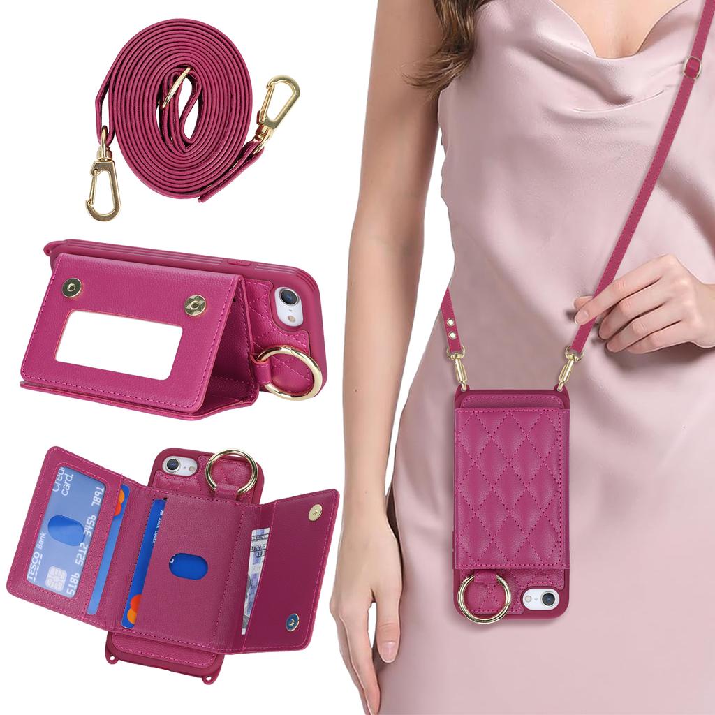 For iPhone SE (2022)/(2020)/8/7 Case with Lanyard/Mirror/Card Holder Grids Pattern RFID Blocking Phone Cover