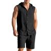 Men's Linen Set, Solid Color Lightweight Hooded Sleeveless Shirt And Elastic Waist Breathable Shorts, Two-piece Set, Men's Vacation Beach Set