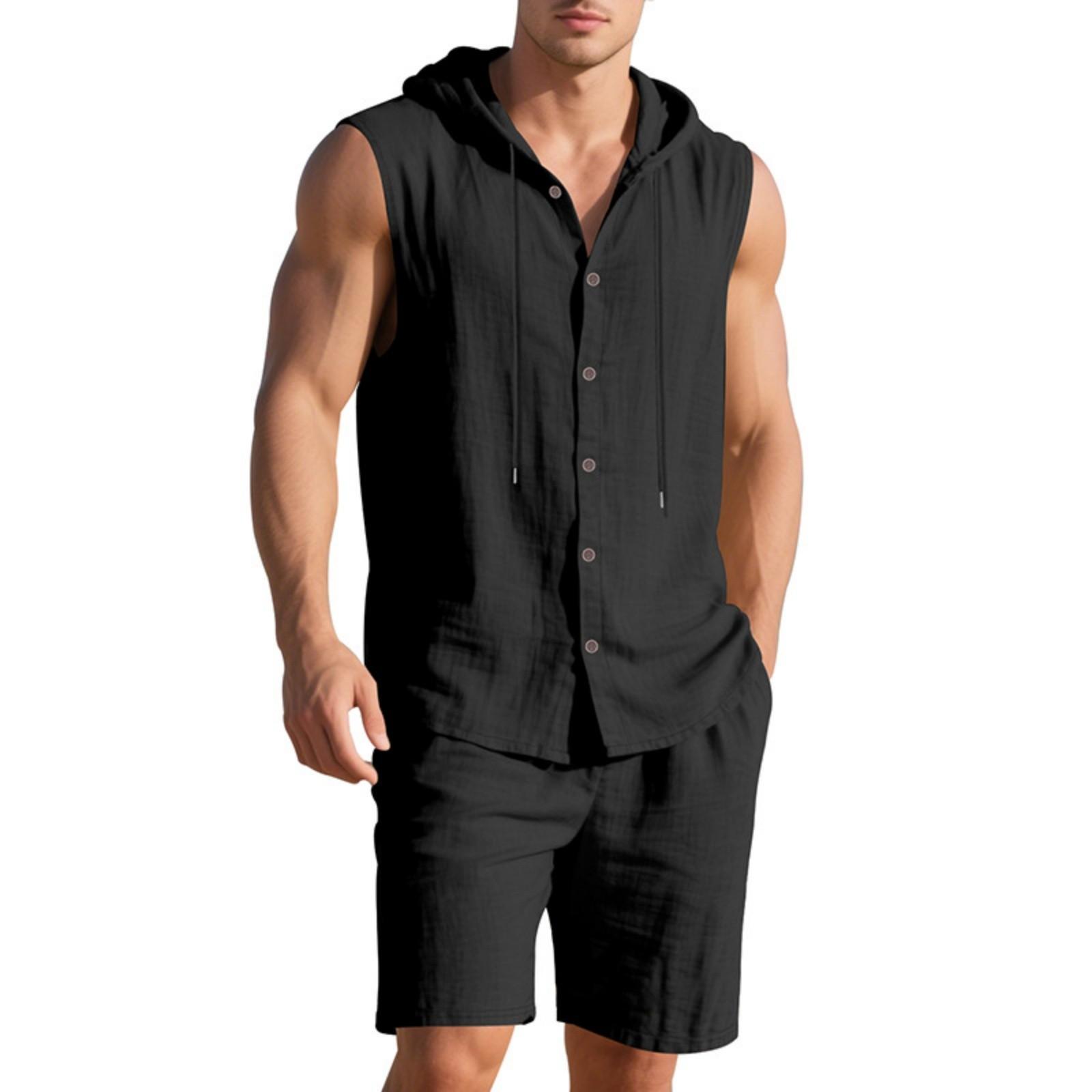 

Men s Linen Set, Solid Color Lightweight Hooded Sleeveless Shirt And Elastic Waist Breathable Shorts, Two-piece Set, Men s Vacation Beach Set XL чорний