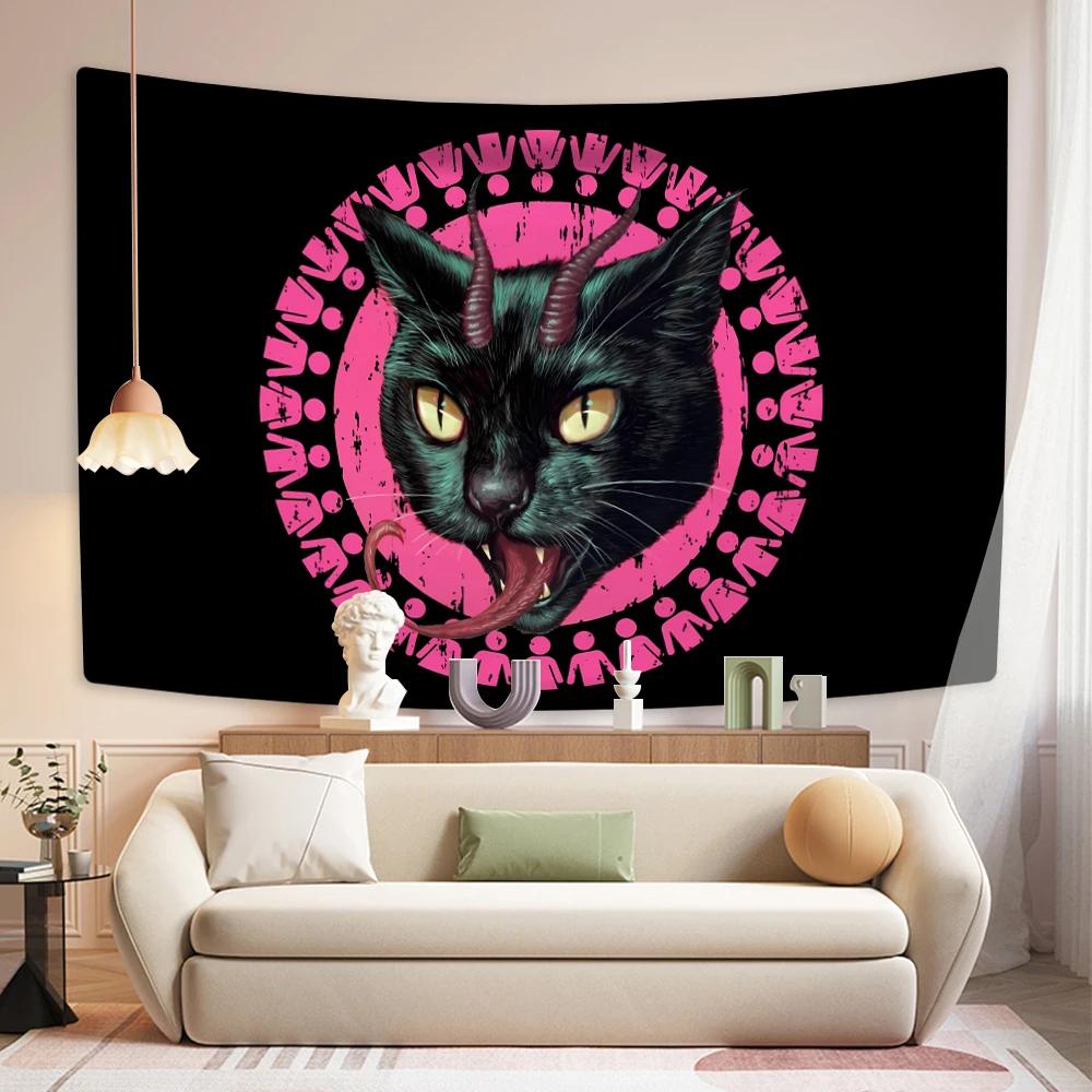 Psychedelic Tapestry Evil Demon Cat Printed Wall Hanging Carpets Bedroom Or Dorm Decoration Aesthetics Sofa Blanket