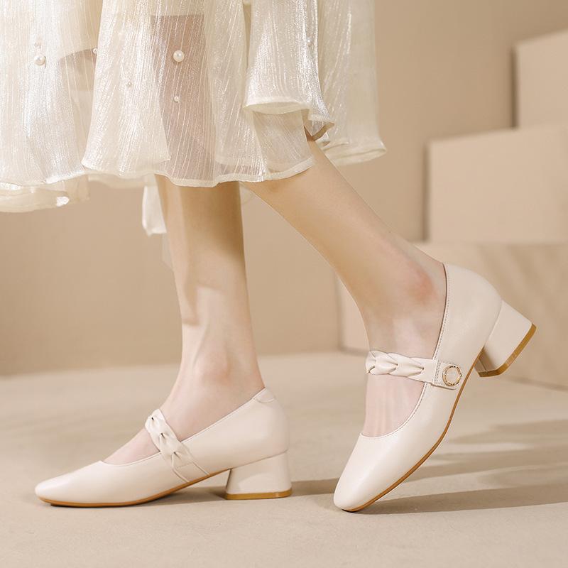 

Yuexinwang leather flat for Huizhou women s shoes Su Yinyin same Mary Jane shoes high heels Korean version square head high heels women 34 абрикосовый